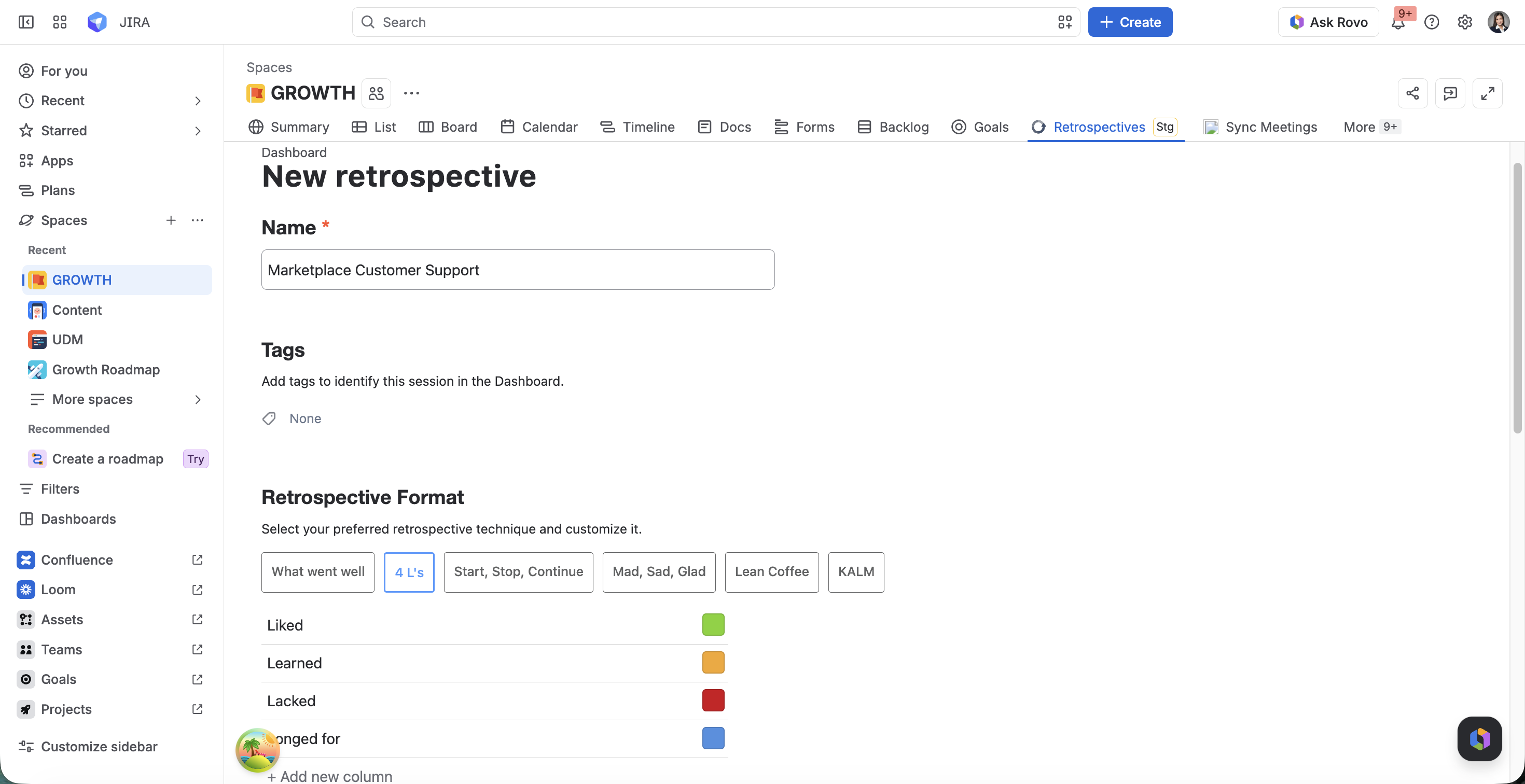 4Ls retrospective template setup for agile teams in Jira.