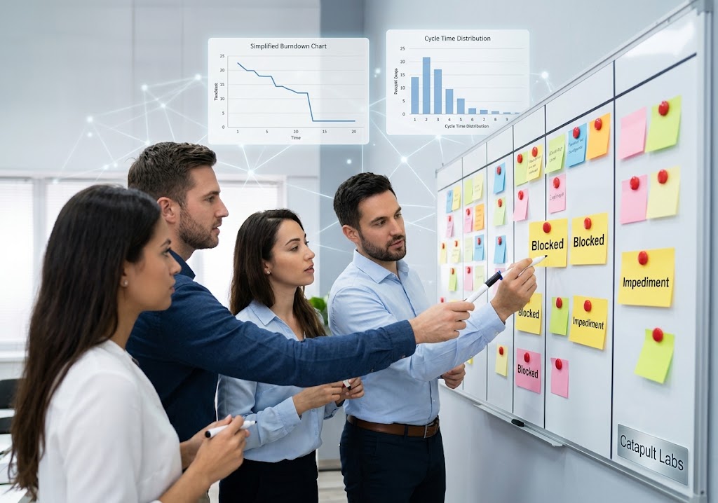 Agile team identifying bottlenecks Kanban board