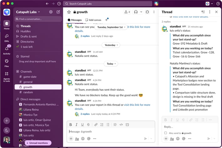 Growth teams async standup in Slack