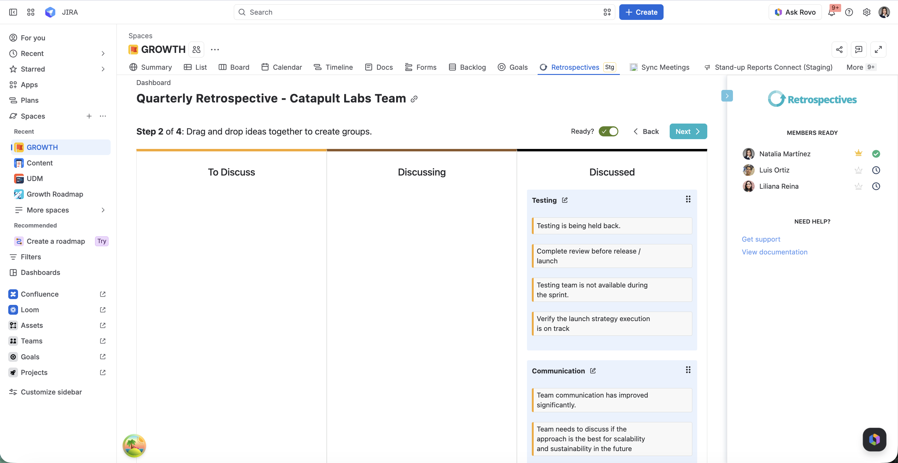 Jira dashboard displaying a Lean Coffee sprint retrospective where prioritized discussion cards as they advance through To Discuss, Discussing, and Discussed stages.