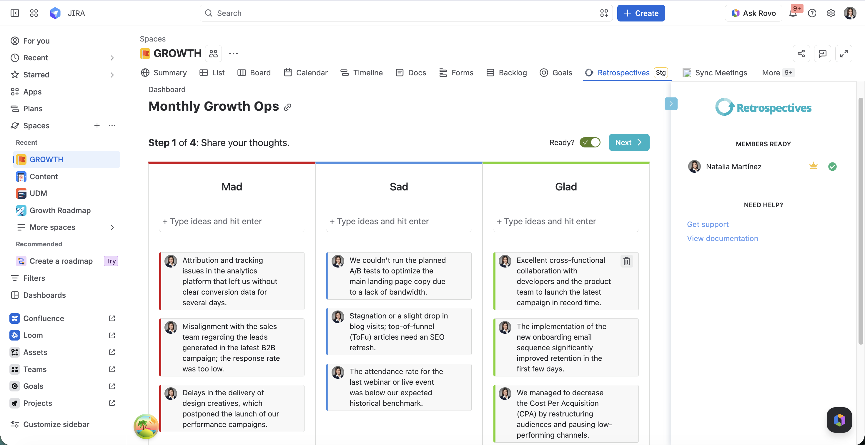 Mad-Sad-Glad active retrospective idea dashboard stage