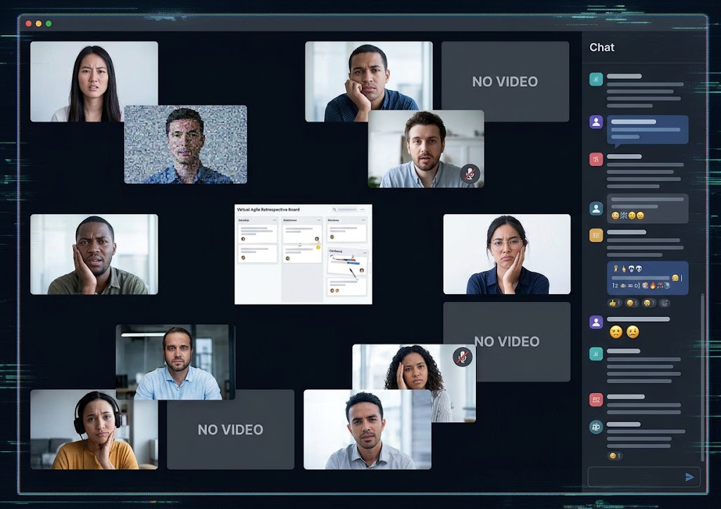 Remote, disconnected Agile team video call with confusion, technical glitches, and a cluttered chat panel, visualizing the common communication and engagement challenges faced in running effective distributed retrospectives.