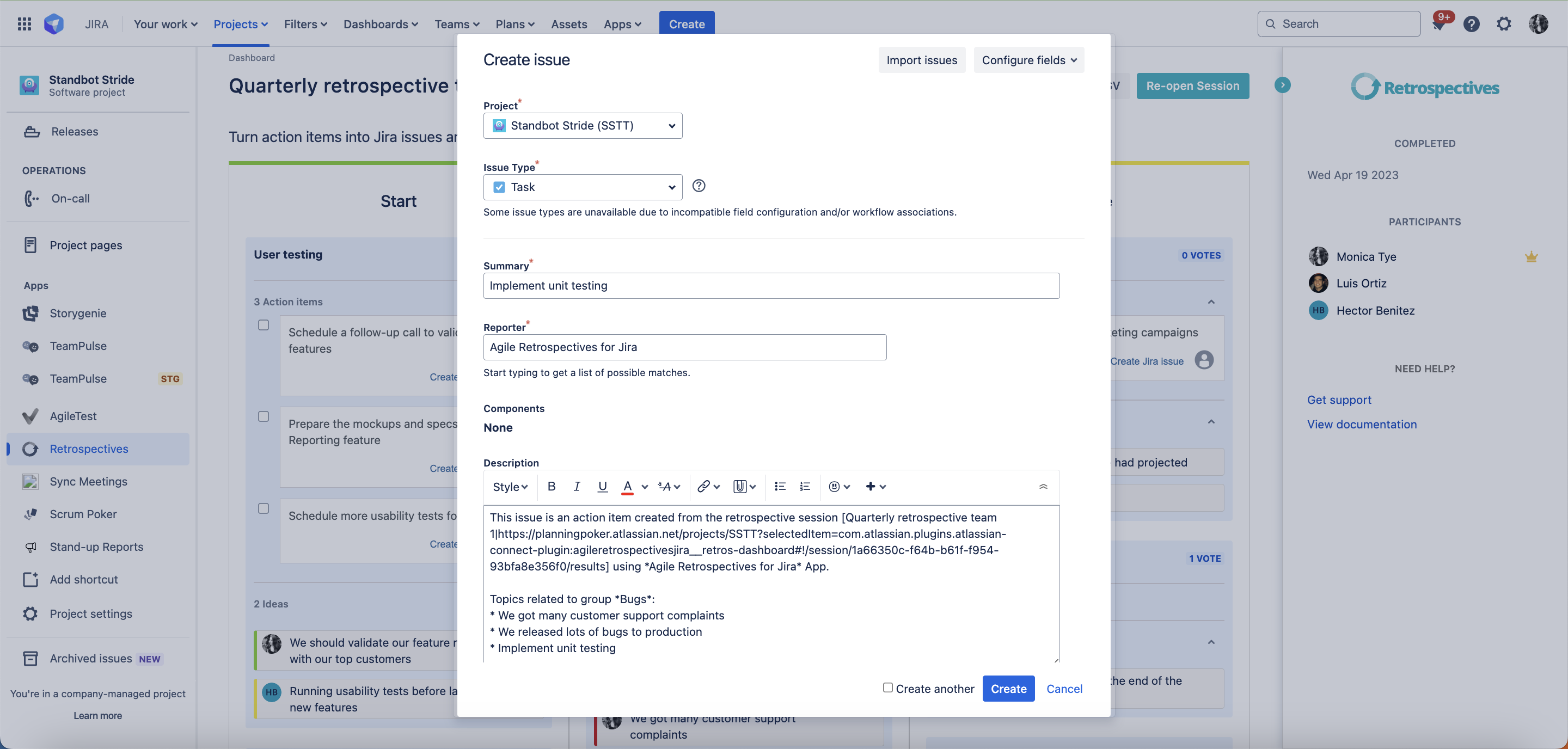 Converting agile retrospective action items into Jira tickets.