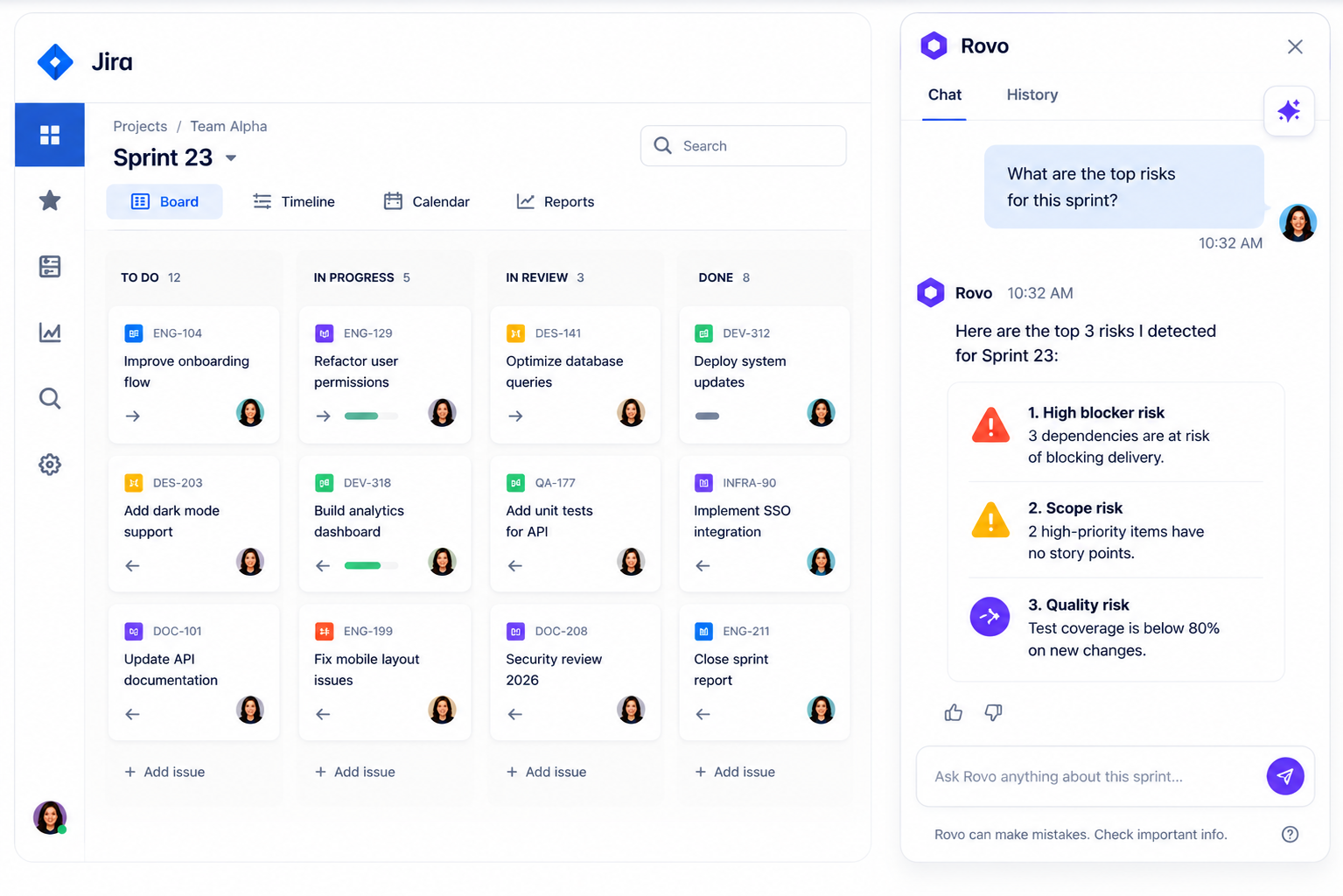 Rovo Agent analyzing Jira sprint data and summarizing the top risks for an Agile team