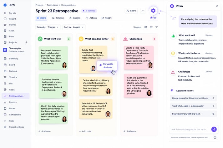 Rovo Agent analyzing a Jira retrospective board, grouping feedback into themes and converting action items into Jira issues