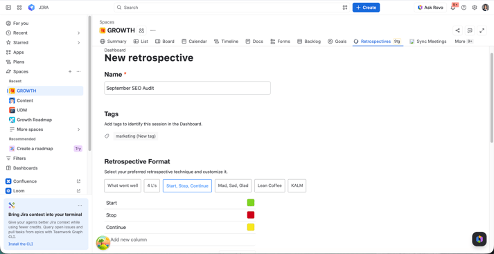 Start-Stop-Continue retrospective template setup in Jira.