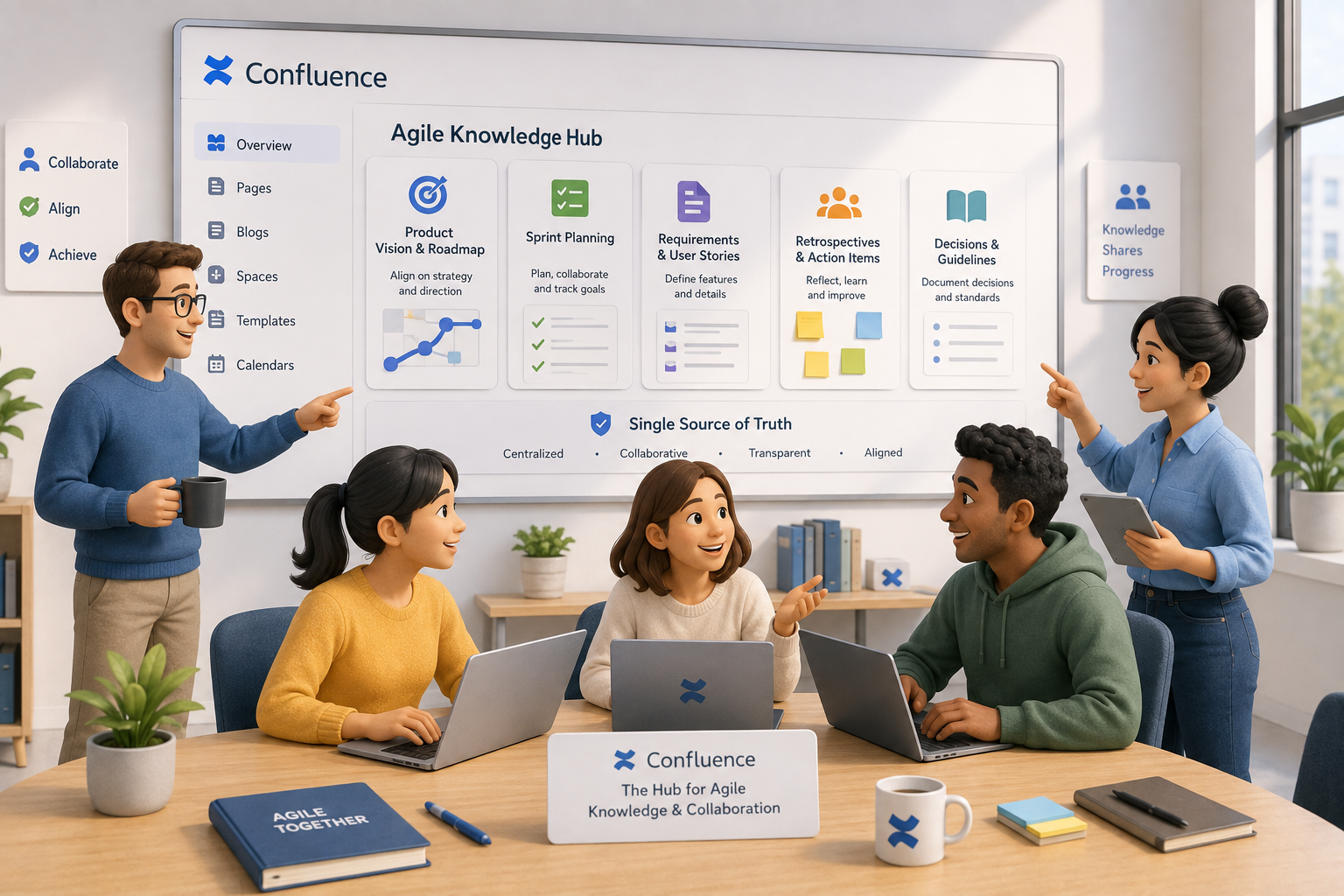 Enterprise team collaborating around a Confluence Agile Knowledge Hub dashboard for Atlassian ecosystem scaling and project alignment.