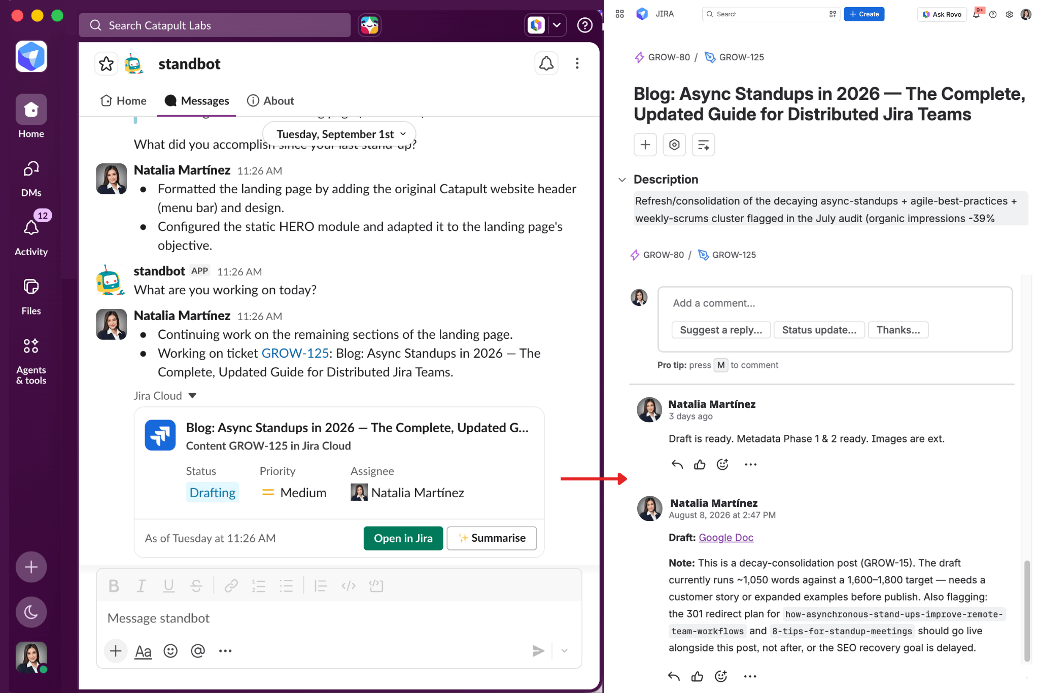 Split-screen view showing an asynchronous standup update in a Slack channel automatically syncing as a comment on a linked Jira ticket via StandBot