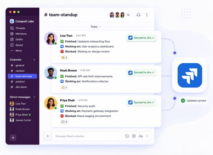 Async standup updates in Slack synced to Jira for a distributed team