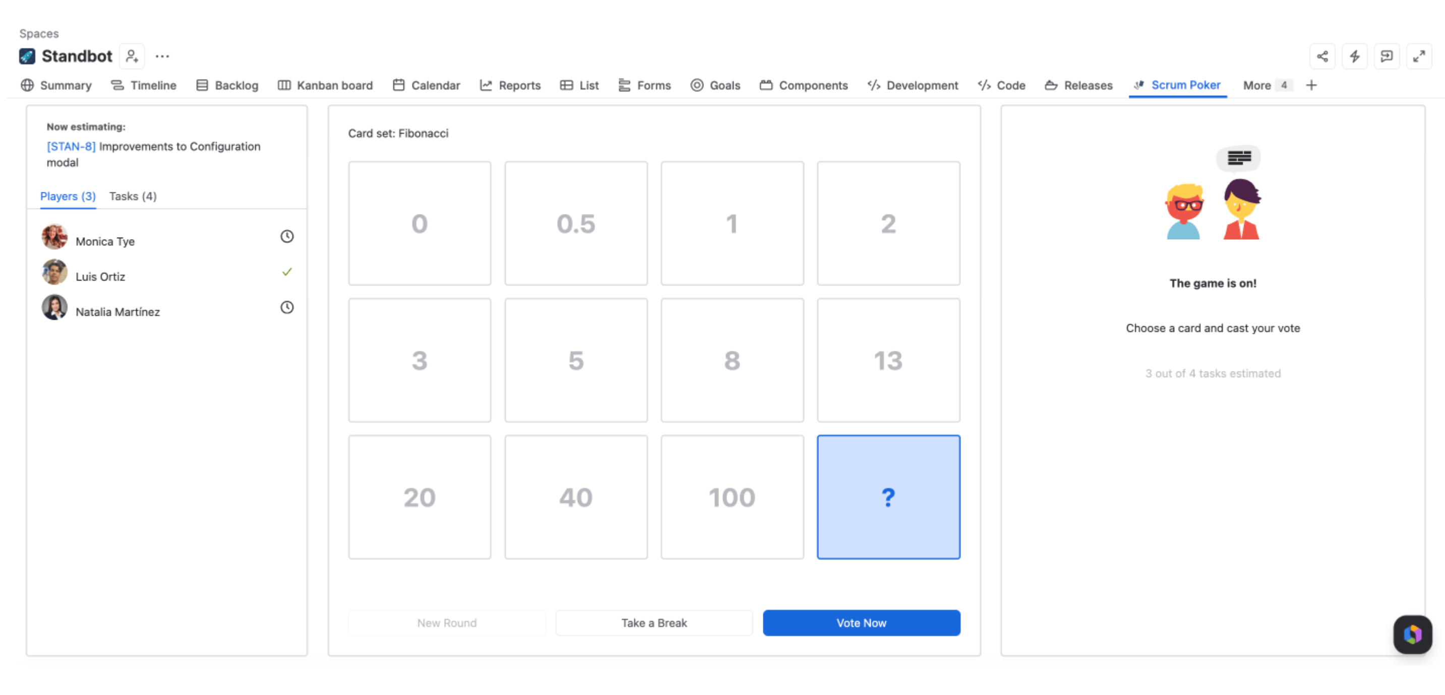 Planning Poker in Jira showing hidden team votes during story point estimation, preventing anchoring bias before estimates are revealed