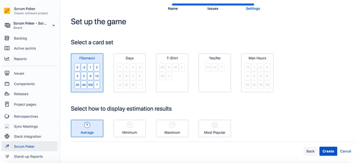 Planning Poker for Jira configuration screen showing Fibonacci card selection and estimation result display settings