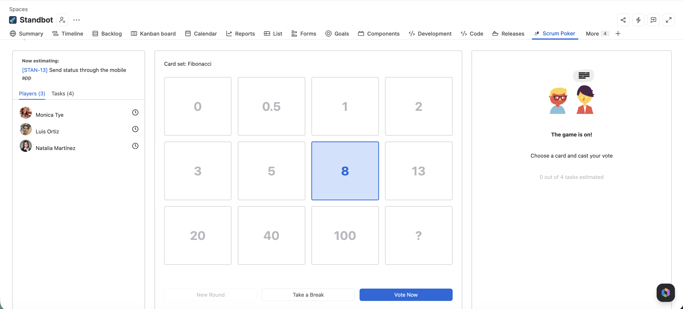 Planning Poker in Jira showing a hidden story point estimate with a Fibonacci card selected before all team members reveal their votes simultaneously