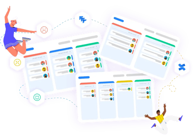 Individuals leaping over a board adorned with diverse icons, representing dynamic and customizable sprint retrospectives.
