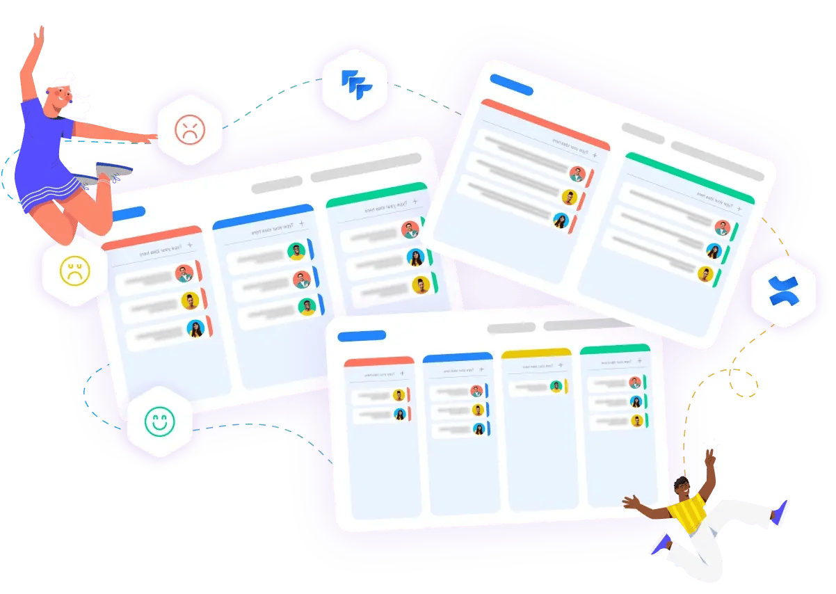 Individuals leaping over a board adorned with diverse icons, representing dynamic and customizable sprint retrospectives.