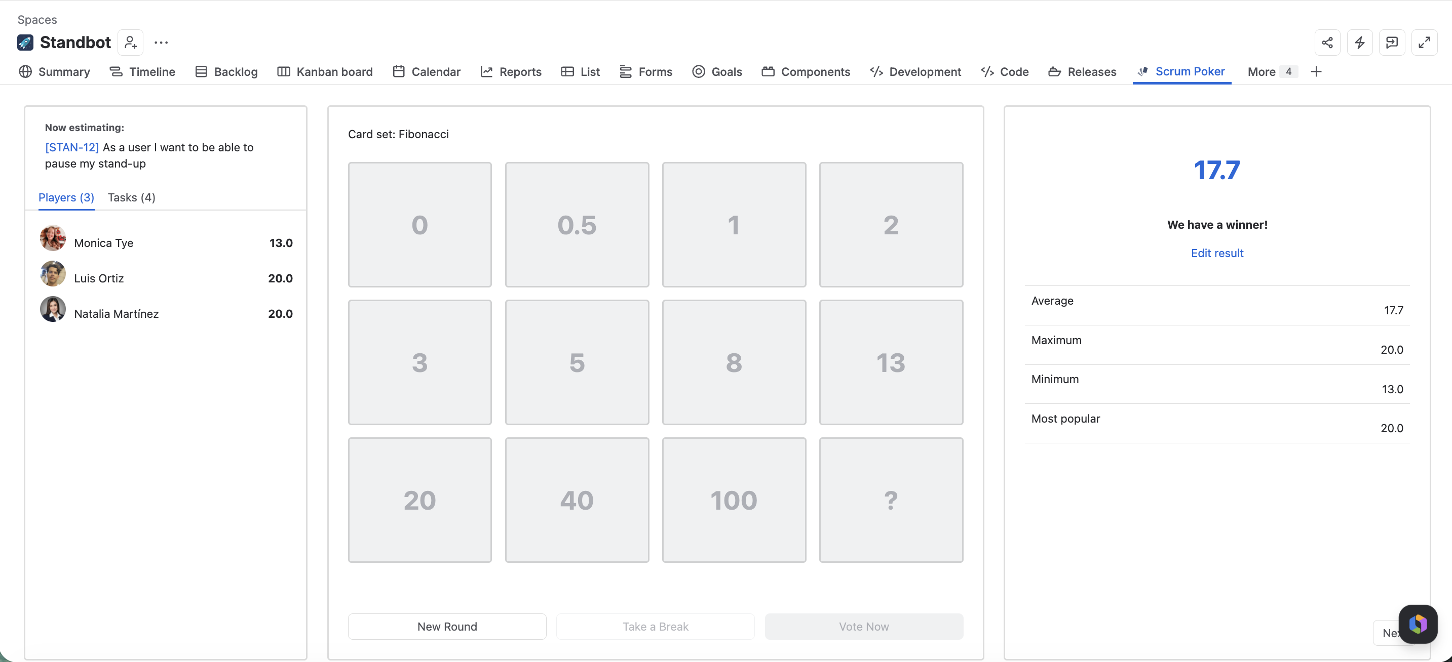 Scrum Poker for Jira session showing three team members' estimates revealed at once, 13, 20 and 20 points, with an average of 17.7 on a Jira story