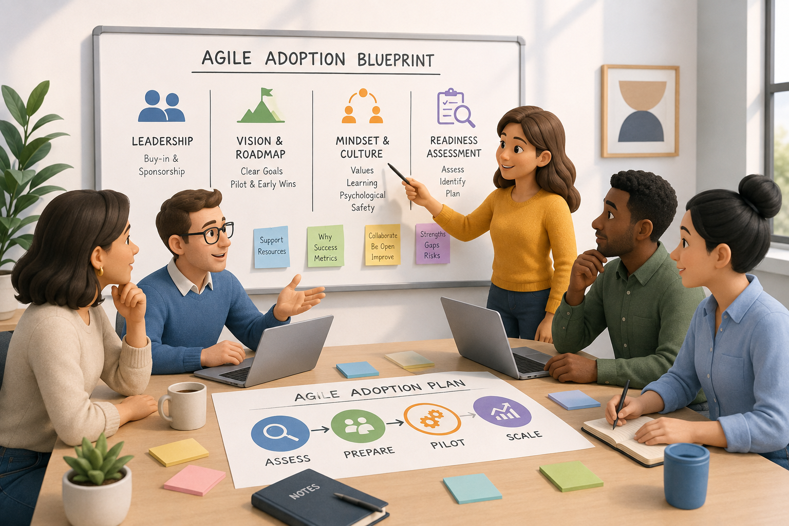 Team developing an agile adoption strategy blueprint for enterprise organizations