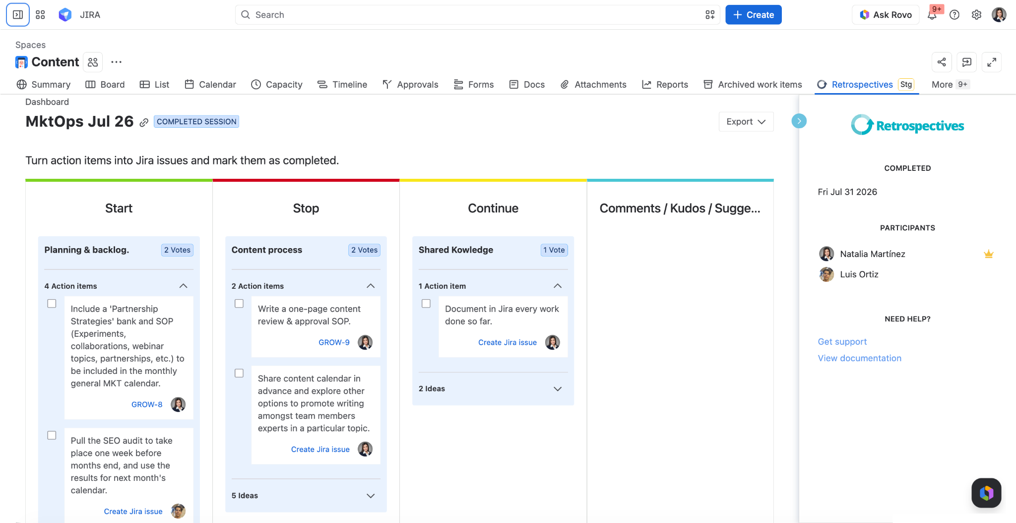Summary of a finished retrospective in Agile Retrospectives for Jira, showing grouped topics and the action items created as Jira issues.