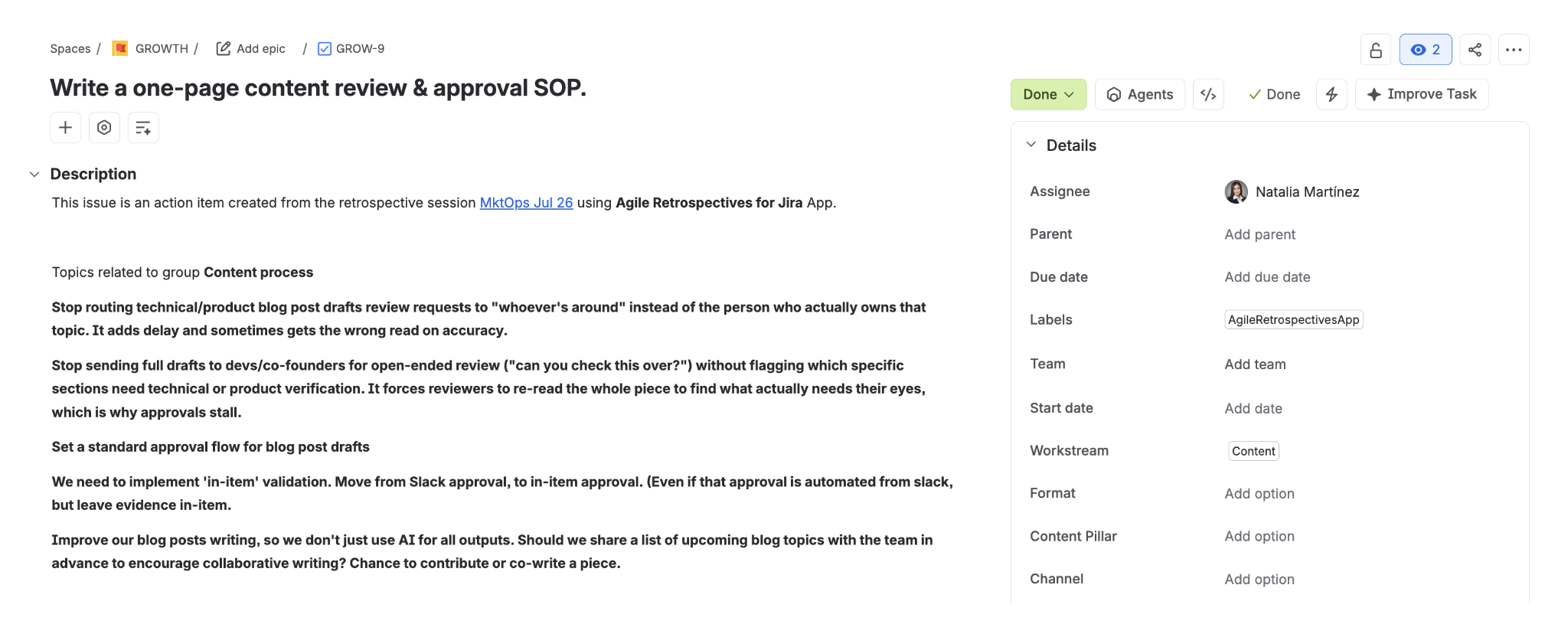 Jira issue created by Agile Retrospectives for Jira, showing a link back to the retro session, the grouped retro cards and the AgileRetrospectivesApp label.