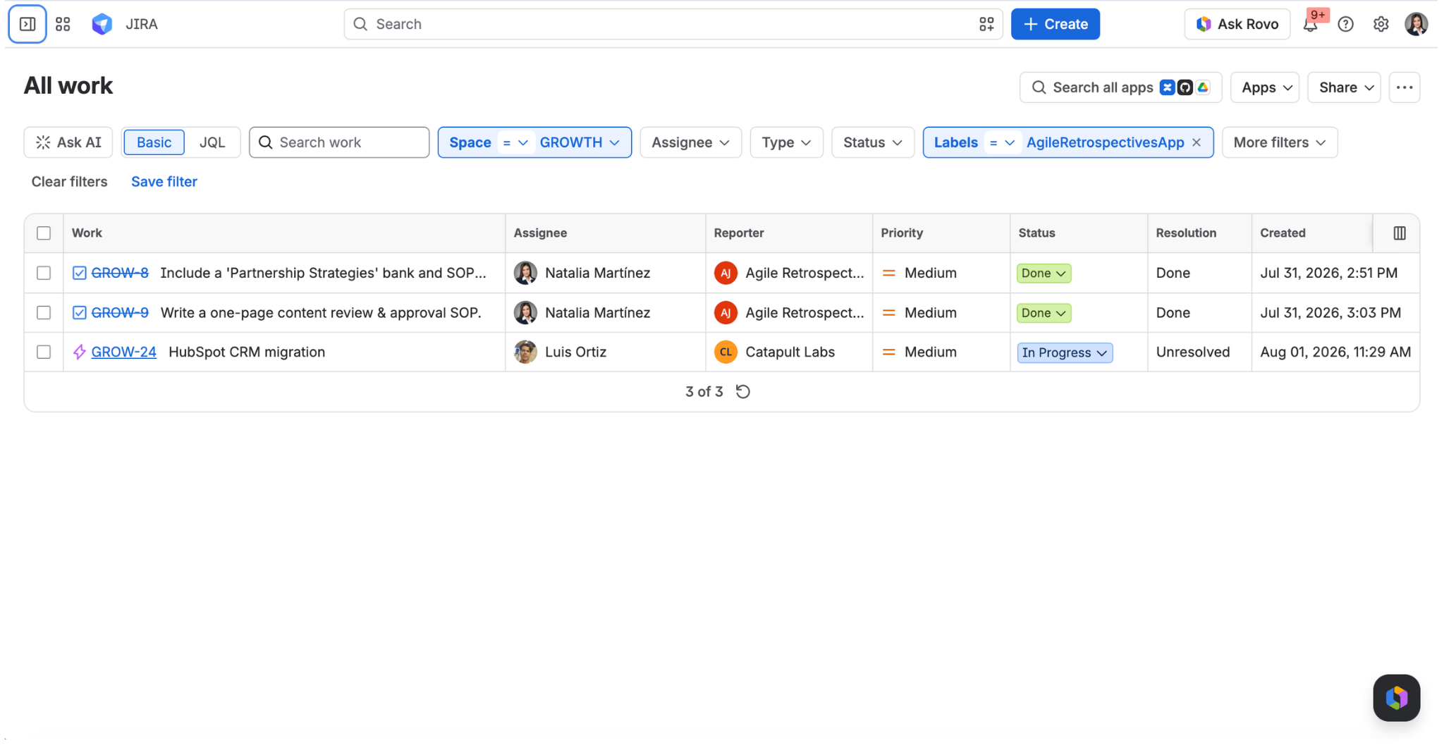 Jira work item list filtered by the AgileRetrospectivesApp label, showing three retro action items created by Agile Retrospectives for Jira: two marked Done and one still in progress.